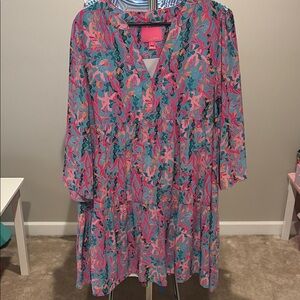 Vibrant Pink & Teal Floral V-Neck Women's Dress